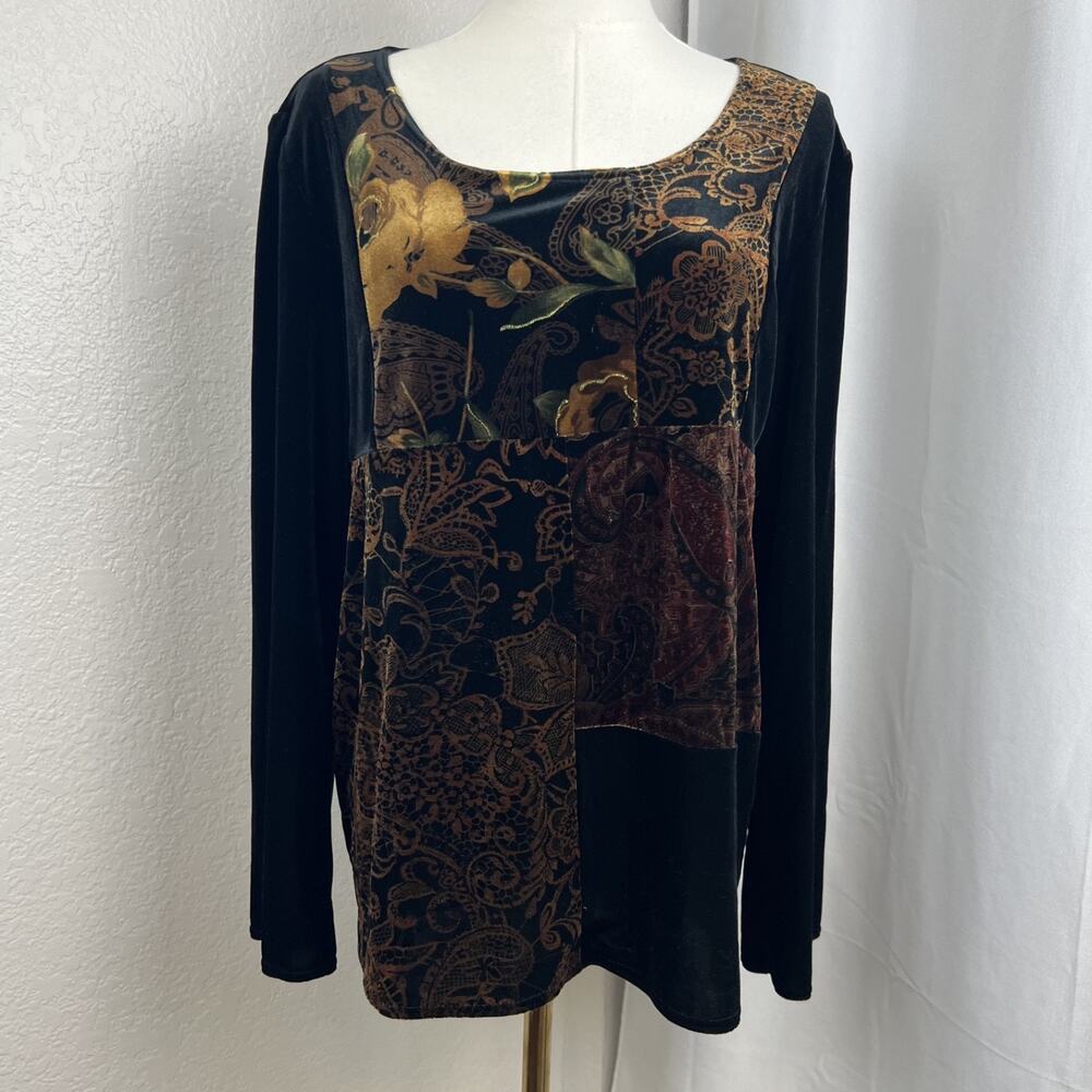 VTG Velvet Patchwork Top Womens Medium Petite Black Fairygrunge Whimsigoth 90s